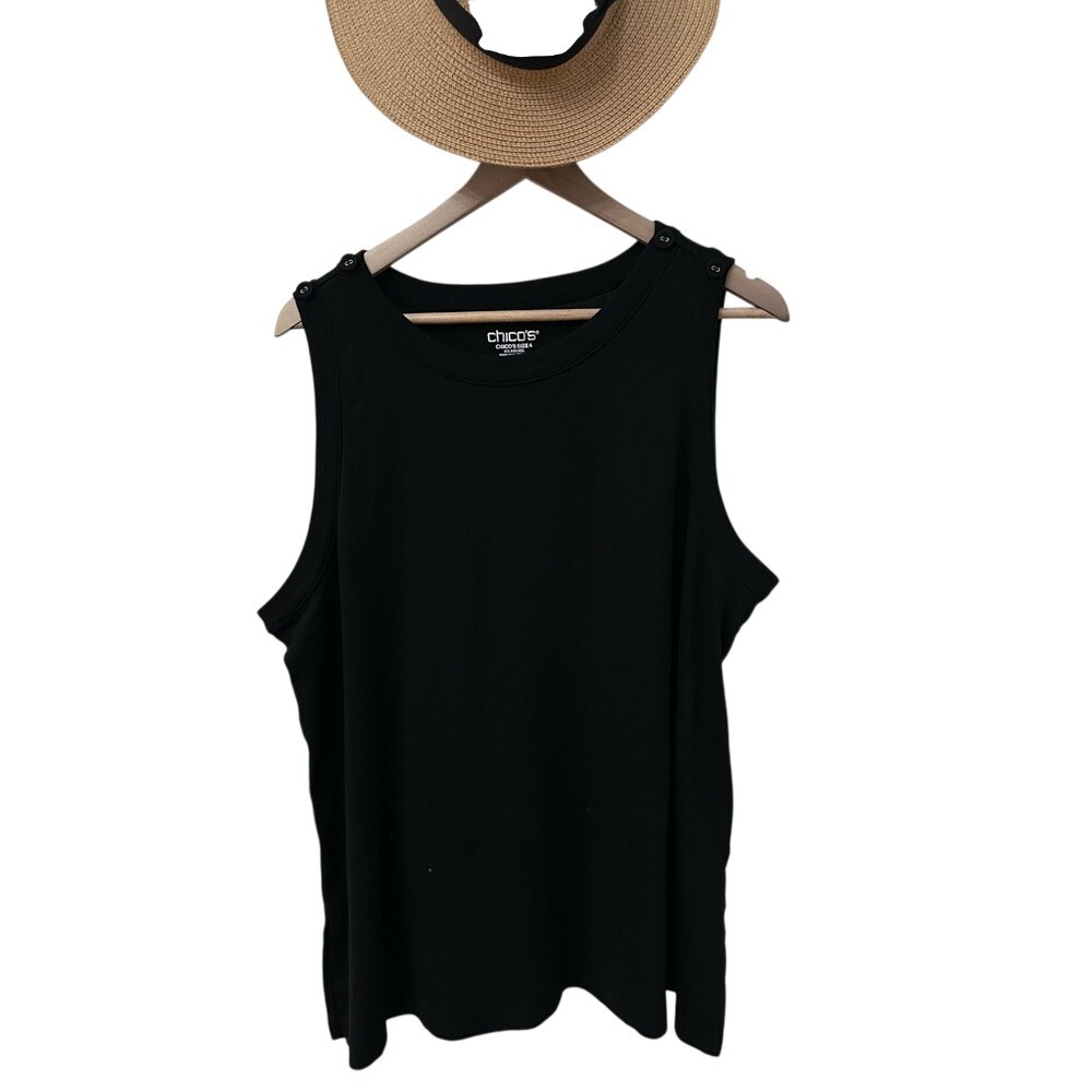 Chicos Tank Top Size 4 XXL Black Pima Cotton Shoulder Button Sleeveless Tee